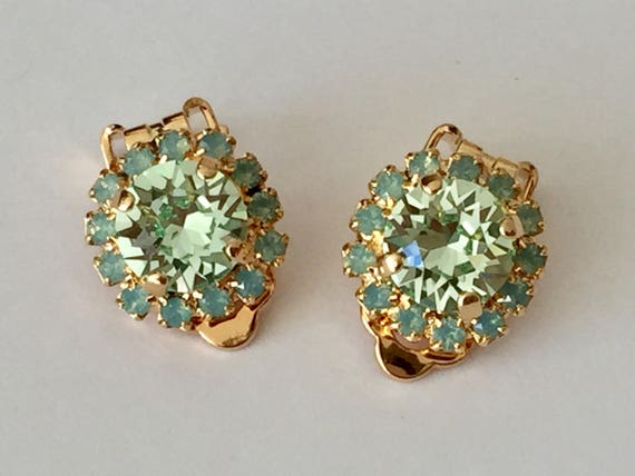 Chrysolite and Pacific Opal Swarovski Crystal Clip On Earrings, Yellow Gold
