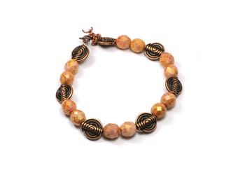 Bracelet beads faceted Bohemian caramel and copper metal