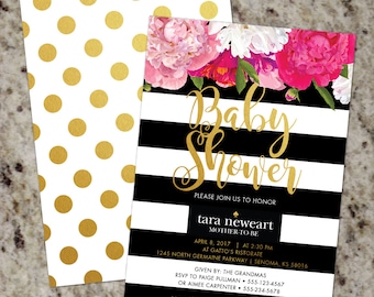 Baby Shower Invitation | Floral Baby Shower Invitation | Kate | Floral Striped Invite | Gold | Black White | Print Your Own | Spade