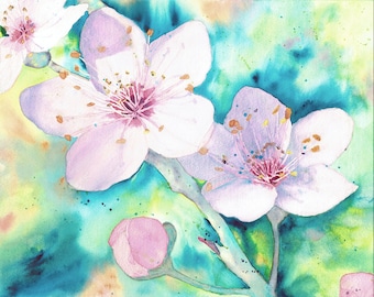 Watercolor Print, Cherry Blossoms, Wall Decor