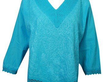 Bohemian Womens Peasant Blouse Top Sky Blue Lace Work Embroidered Cotton Comfy Summer Tops L