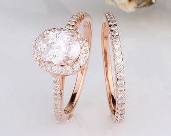Rose Gold Oval CZ Halo Wedding Rings Set / Halo Engagement Anniversary Rings Set / Sterling Silver Rings Rose Gold Plated Set
