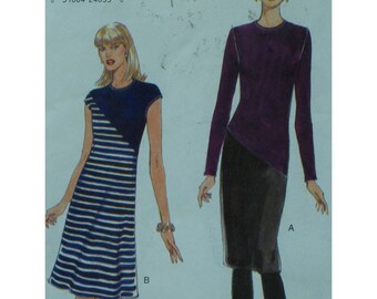Pullover Knit Dress Pattern, Color Block, Straight/A-line Skirt, Diagonal Seam, Long/Cap Sleeves, Vogue No. 9584 UNCUT Size 6 8 10