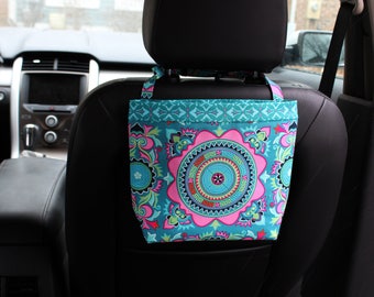 Ready to Ship Headrest CADDY in Amy Butler Dream Weaver Teal, Women, Car Litter Bag, Auto Accessories, Auto Bag, Trash Bag, Car Caddy