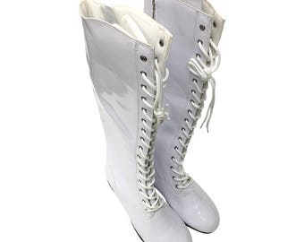 White Men's Tall Costume Boots Wrestler Superhero Pro Wrestling Shoes Lace Up Professional Boxer Super Hero 90s Cosplay Halloween Quality