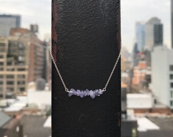 Tanzanite Bar Necklace, Tanzanite Chips, Purple Gemstone Minimalist Necklace