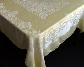 Vintage Damask Table Cloth Butter Yellow and White Iris Floral Pattern 38x28