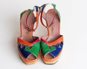 Vintage 70s LEATHER Platform Sandals / 1970s Peep Toe 6 36