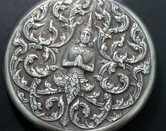 Estate Vintage Siam // Gorgeous Detailed Repousse Goddess // Textured Scroll Design // Sterling Silver 925 //Hinged Compact Powder Box