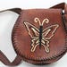 Vintage 1970s teen child purse, boho satchel, embroidered butterfly, brown pleather womens small handbag, whip stitch edging, naughahyde bag