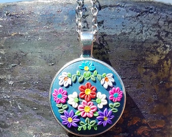 Multicolored Blue Floral Polymer Clay Pendant Necklace