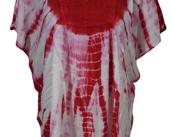 Deep Red Tie Dye Cover Up Top Kimono Style Gypsy Boho Chic Summer Fashion Rayon Loose Comfy Blouse Kaftan Top