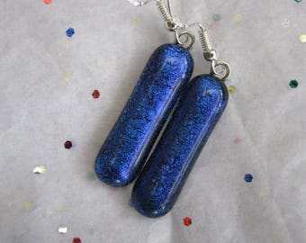 Dichroic Fused Glass Drop Earrings with a rich blue appearance