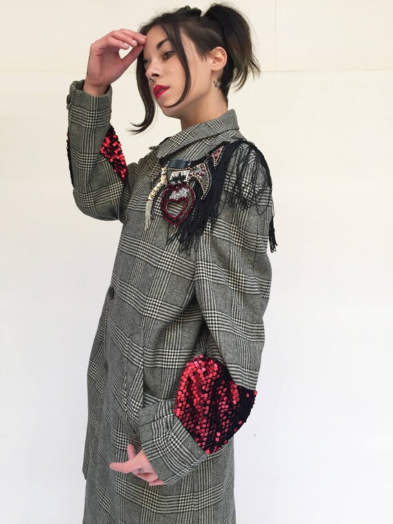 Prince of wales check Coat Overcoat LOLA DARLING Vintage Garment Embroidery and Recycled Fabric Limited Edition Artisanal Made in Italy