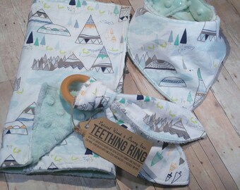 Baby Boy Gift Set – Teepee Burp Cloth - Woodland Baby Shower Gift – Wooden Teething Ring – Mint Bandana Bib – Minky Blanket – Tribal Theme