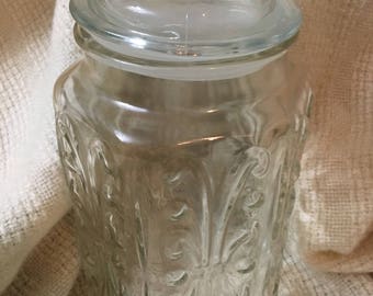 1970s Glass Canister Apothecary Jar Vintage Clear Glass Atterbury Scroll