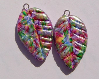Colorful Leaf Charms Handmade Artisan Polymer Clay Charm Pair