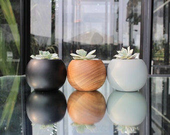 Set of 3 Teak Wood Planters - Spheres (Natural/Black/Grey)