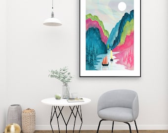 Norway Print, Norway Fjord Art Print, Large Wall Art, Poster, Landscape Illustration, Scandinavian Travel Art, Home Decor, Gift