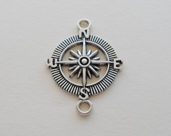 Antique Silver Compass Connector Charms, Bracelet Charms, Compass Bracelet Charms, Jewelry Charms, Compass Charms, 25mm, Supplies, 10 QTY