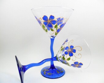 Martini Glasses Cobalt Blue Flowers Gold Hand Painted Set of 2