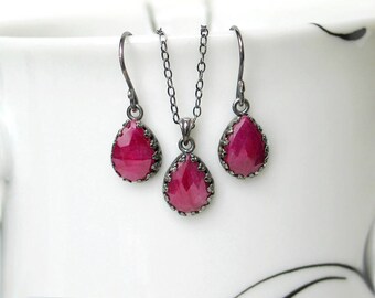 Ruby Teardrop Earrings Necklace Set | Pinkish Red Ruby Pear Briolettes | Oxidized Sterling Silver | Vintage Style | July Birthstone Gift