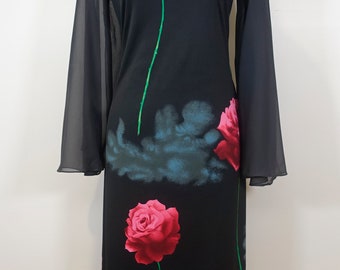 70s Black Rose Floral Long Sheer Angel Cut Sleeve Boat Neck Maxi Dress