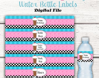 1950's Water Bottle Labels, Fifties Birthday Party, 50's Birthday Party Decor, Instant Download, Sock Hop, Diner, 1950's birthday party PINK