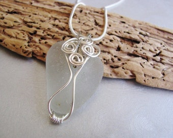 Beach Glass Pendant - Sea Glass - White Sea Glass - Wire Wrapped-Beach Glass Jewelry -ocean jewelry gift statement necklace genuine seaglass