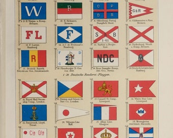 1904.Flags of Shipping Companies.Ancient Flags print.Old History print.Old print.Maritime flags.6,2x9,2" 16x25cm
