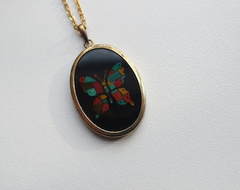 Vintage Black Onyx Mosaic Butterfly Pendant Necklace