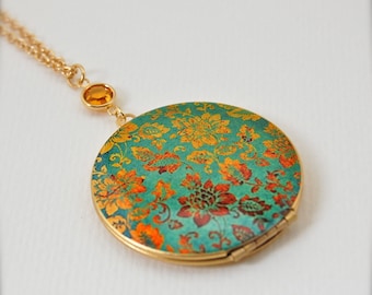 Vintage Locket Necklace with Turquoise and Gold Floral Wallpaper Print