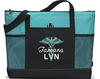 Caduceus, RN, LVN, CNA, Personalized Embroidered Tote Bag with Mesh Pockets, Gift for Nurse, Graduation