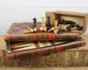 Vintage Wooden Checker Chess Board with Wood Chess Pieces Looks Like Book Two 2 Pieces For Bookshelf Home Delights Vol I Vol II