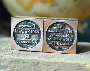 Copper Letterpress Postal Messages / Postage Will be Paid by Addressee / No Postage Stamp Necessary if Mailed in the US
