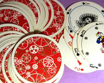 Retro Steampunk Red Round Playing Cards. Novel Waddington's Rondo Gear Embellished Playing Cards from the 60's or 70's. Full Deck w/Jokers.
