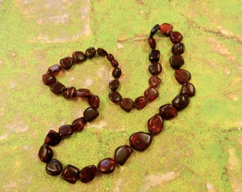 Vintage Deep Cognac Amber Irregular Pebble Bead Necklace With Hidden Clasp Re-Strung By Kathryne L. Wright