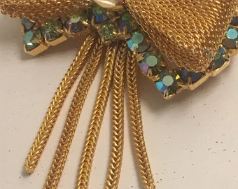 Vintage Sparkling Goldtone Mesh Bow Pendant Brooch Pin with Aurora Borealis Rhinestones and Dangling Fringe Tassels
