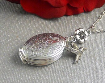 Mother's Day Sale Photo Folding Locket, Folded Locket, Silver Locket, Locket, Family Locket, Four Photo Locket, Hummingbird- Family Tree