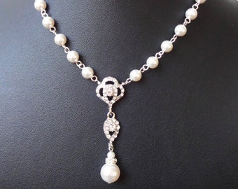 Art Deco Bridal Necklace, Wedding Necklace, Pearl Bridal Jewelry, Vintage Wedding Jewelry, Great Gatsby, Delicate Wedding Jewelry, LARA