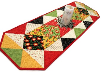 Quilted Table Runner - Mary Englebreit Christmas Carolers Bright Table Topper Quilt, Red, Green Black Centerpiece