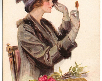 Vintage Postcard, Artist Signed, F Earl Christy, Lovely Lady with Roses, ca 1910