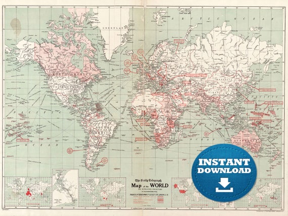 Digital Old World Map Printable Download. Vintage World Map.