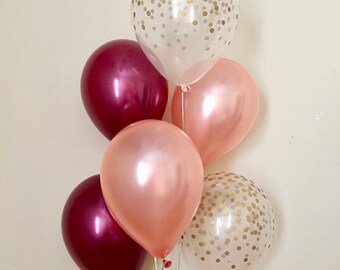 Rose Gold Burgundy & Clear Gold Confetti Latex Balloons~Wedding~Bridal Shower~Birthday~Rose Gold Maroon Balloon~Gold Confetti Look Balloon