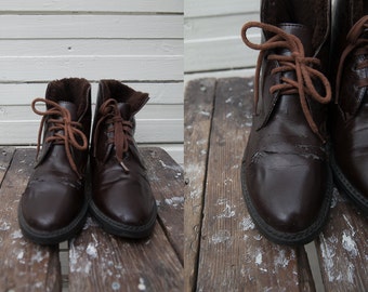 Vintage Brown Fake Leather Lace Ups / 1980's Fake Leather Ankle Shoes / Size 7 / Size 39 / WInter Lace Up Shoes / Faux Leather Boots /