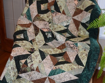 SALE Batik Lap quilt, Throw Quilt, Green & Brown Quilt, Geometrical