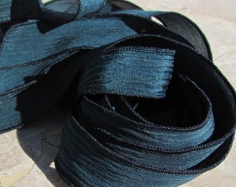 MIDNIGHT BLUE Silk Ribbons Qty 5, Hand Dyed 5 Strings Hand-Dyed Deep Dark AQUA Ribbon, Great For Wrist Wraps or Necklace Ties
