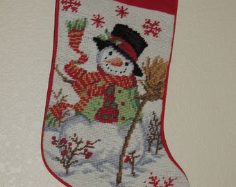 JOHN Needlepoint Christmas Stocking with Snowman Motif