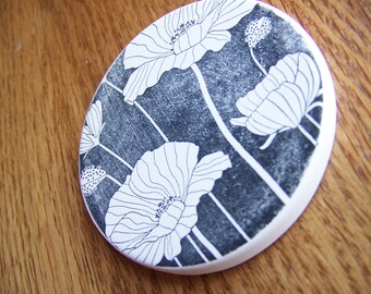 cup holder coaster, wine glass coaster - hand stamped bisque tile, absorbent -- poppies
