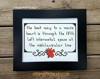 Best Way To A Man's Heart Cross Stitch Quote, Anatomical Heart Cross Stitch, Subversive Pattern, Medical Cross Stitch PDF, Adult Crossstitch